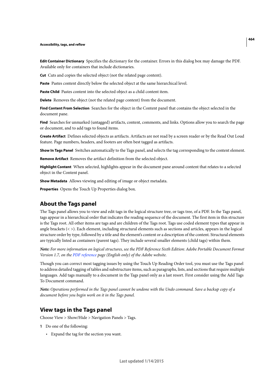 About the tags panel, View tags in the tags panel | Adobe Acrobat XI User Manual | Page 471 / 590