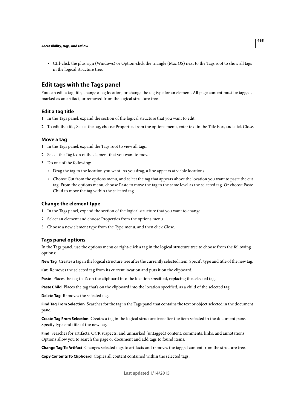 Edit tags with the tags panel, Edit a tag title, Move a tag | Change the element type, Tags panel options | Adobe Acrobat XI User Manual | Page 472 / 590