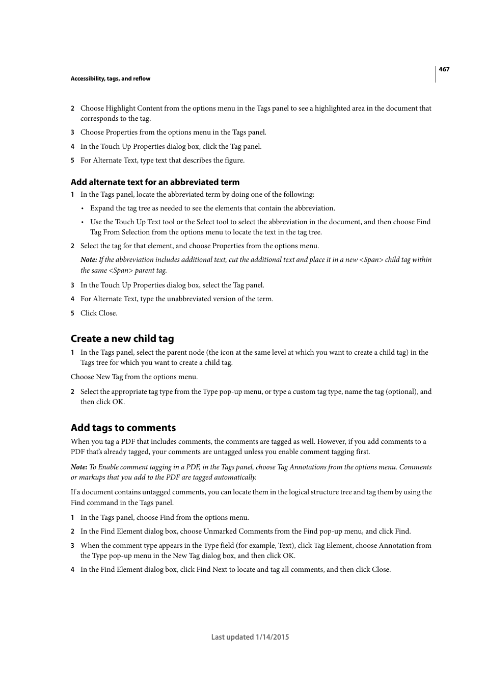 Add alternate text for an abbreviated term, Create a new child tag, Add tags to comments | Adobe Acrobat XI User Manual | Page 474 / 590