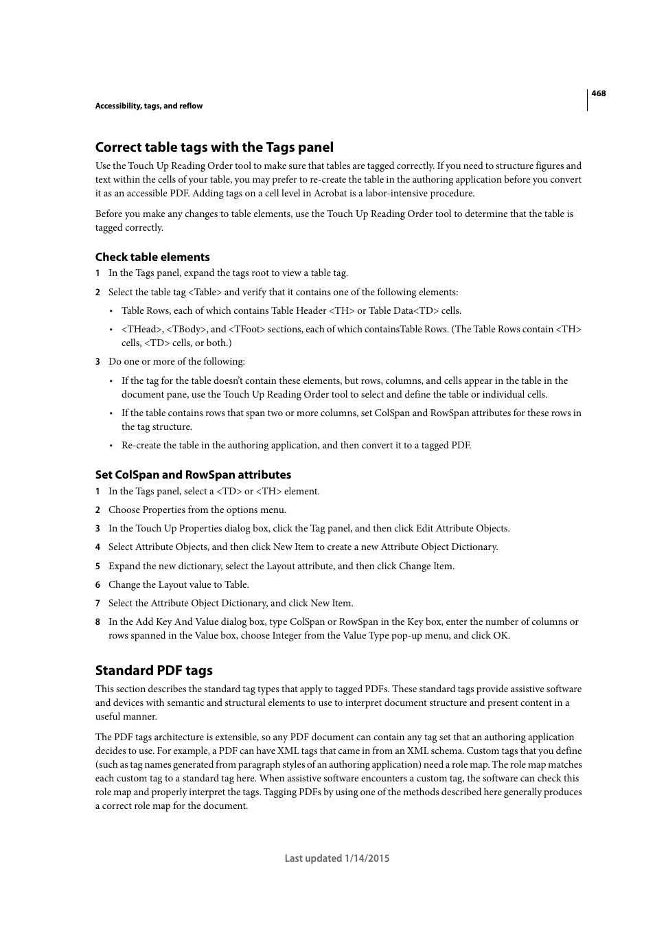 Correct table tags with the tags panel, Check table elements, Set colspan and rowspan attributes | Standard pdf tags | Adobe Acrobat XI User Manual | Page 475 / 590