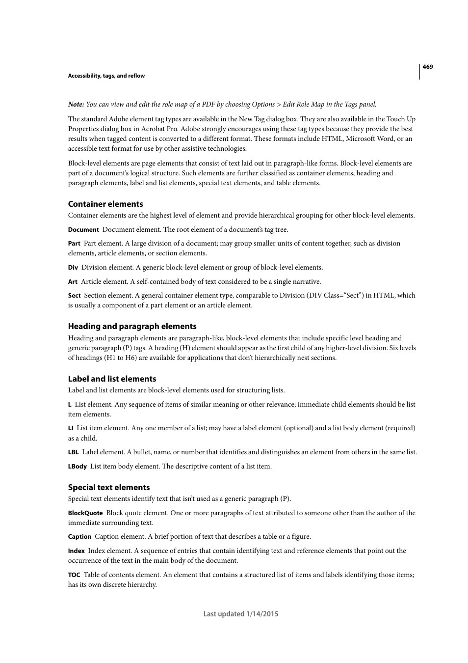 Container elements, Heading and paragraph elements, Label and list elements | Special text elements | Adobe Acrobat XI User Manual | Page 476 / 590