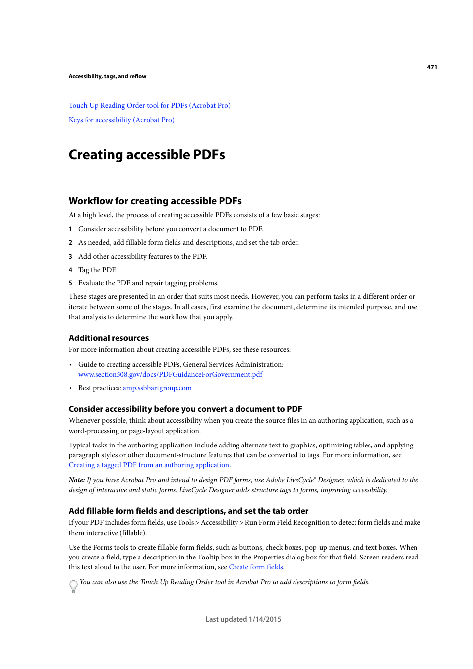 Creating accessible pdfs, Workflow for creating accessible pdfs, Additional resources | Adobe Acrobat XI User Manual | Page 478 / 590