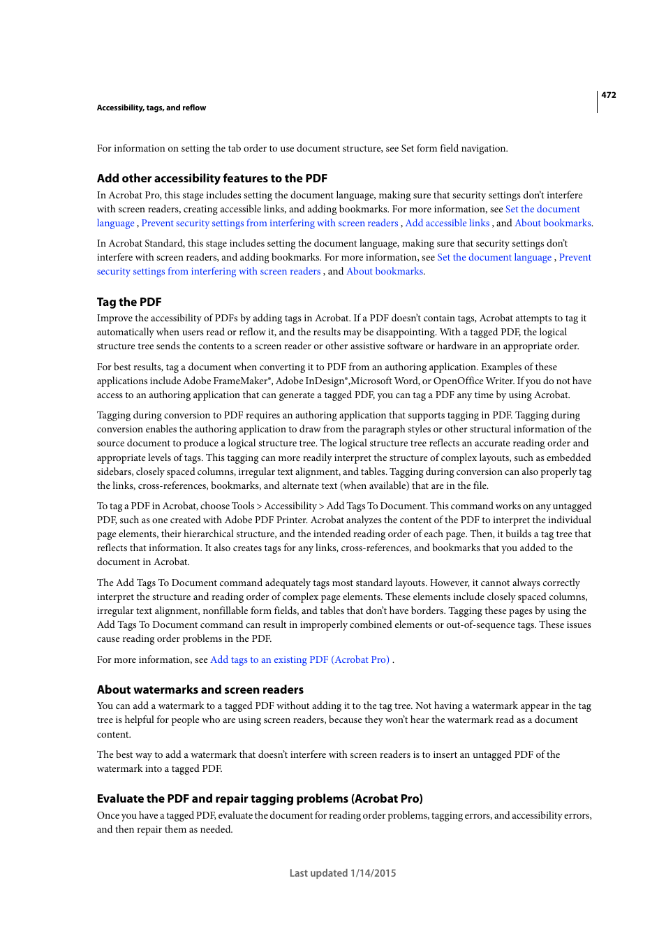 Add other accessibility features to the pdf, Tag the pdf, About watermarks and screen readers | Adobe Acrobat XI User Manual | Page 479 / 590