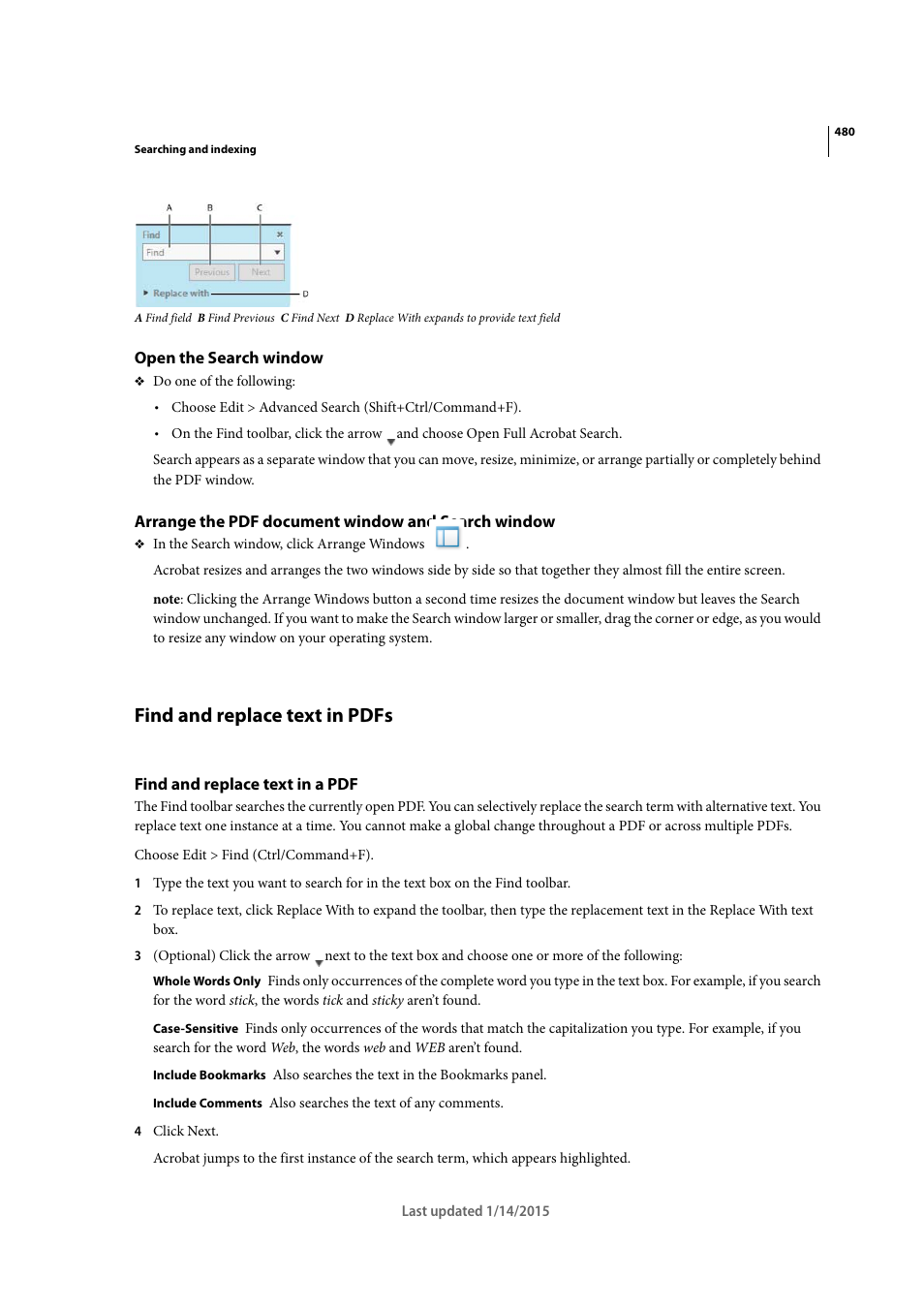 Open the search window, Arrange the pdf document window and search window, Find and replace text in pdfs | Find and replace text in a pdf | Adobe Acrobat XI User Manual | Page 487 / 590