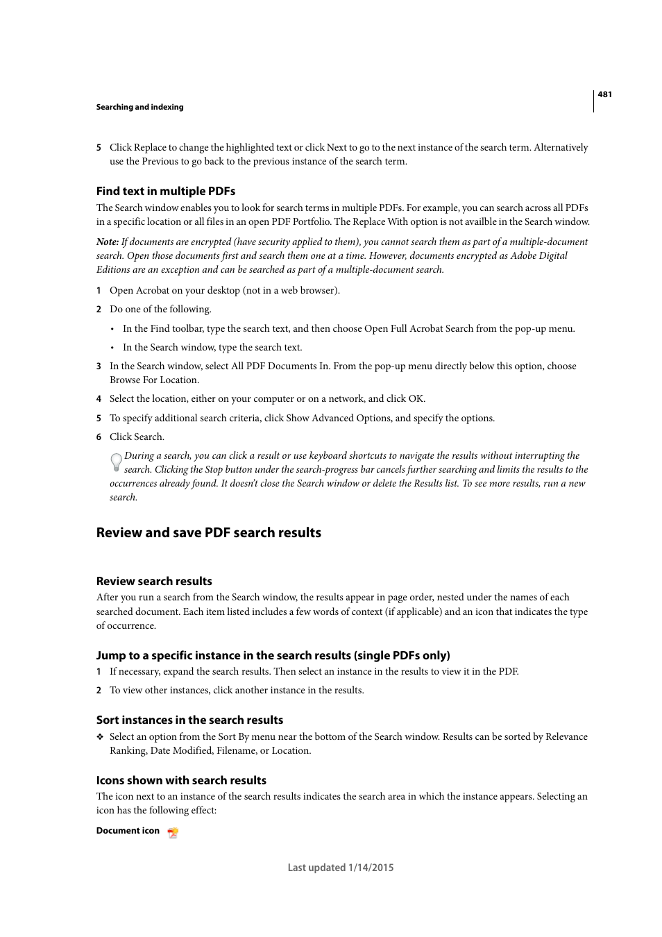 Find text in multiple pdfs, Review and save pdf search results, Review search results | Sort instances in the search results, Icons shown with search results | Adobe Acrobat XI User Manual | Page 488 / 590