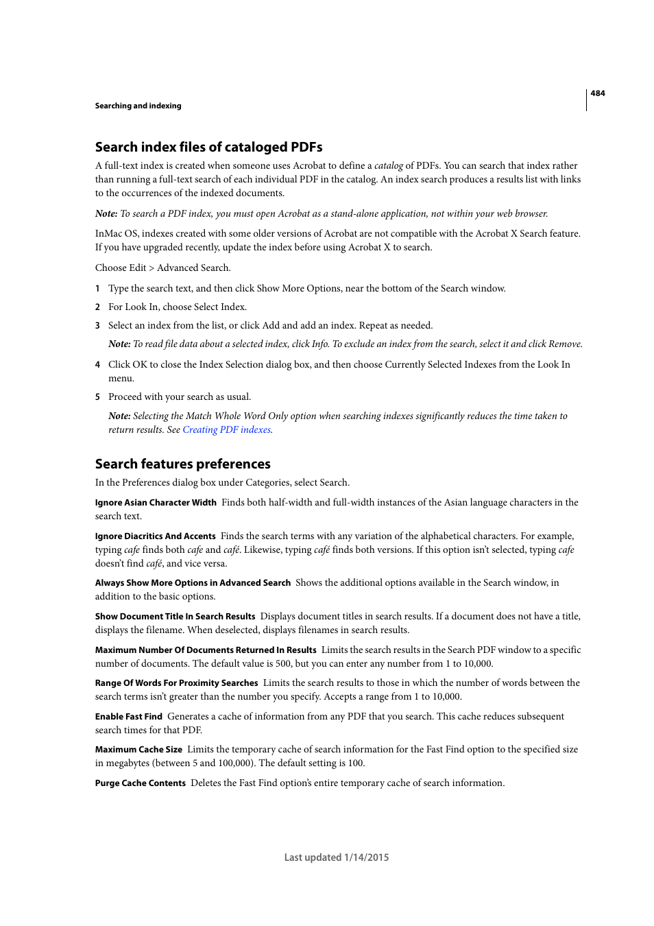 Search index files of cataloged pdfs, Search features preferences | Adobe Acrobat XI User Manual | Page 491 / 590