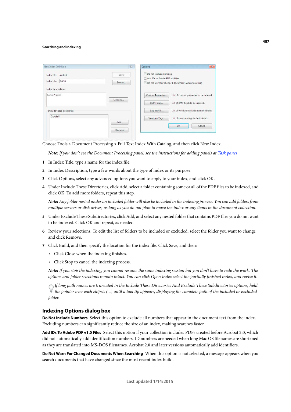 Indexing options dialog box | Adobe Acrobat XI User Manual | Page 494 / 590