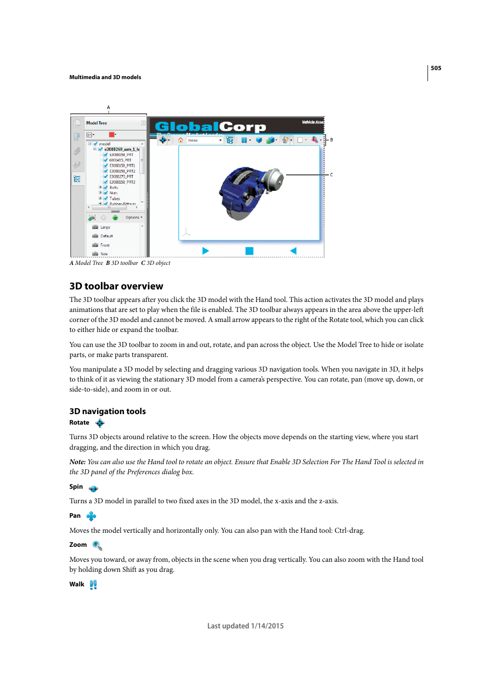 3d toolbar overview, 3d navigation tools | Adobe Acrobat XI User Manual | Page 512 / 590