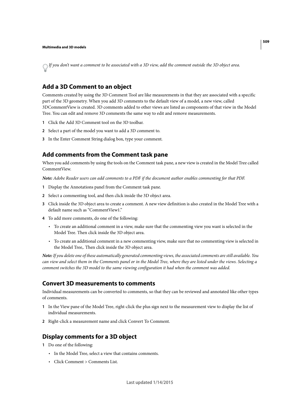 Add a 3d comment to an object, Add comments from the comment task pane, Convert 3d measurements to comments | Display comments for a 3d object | Adobe Acrobat XI User Manual | Page 516 / 590