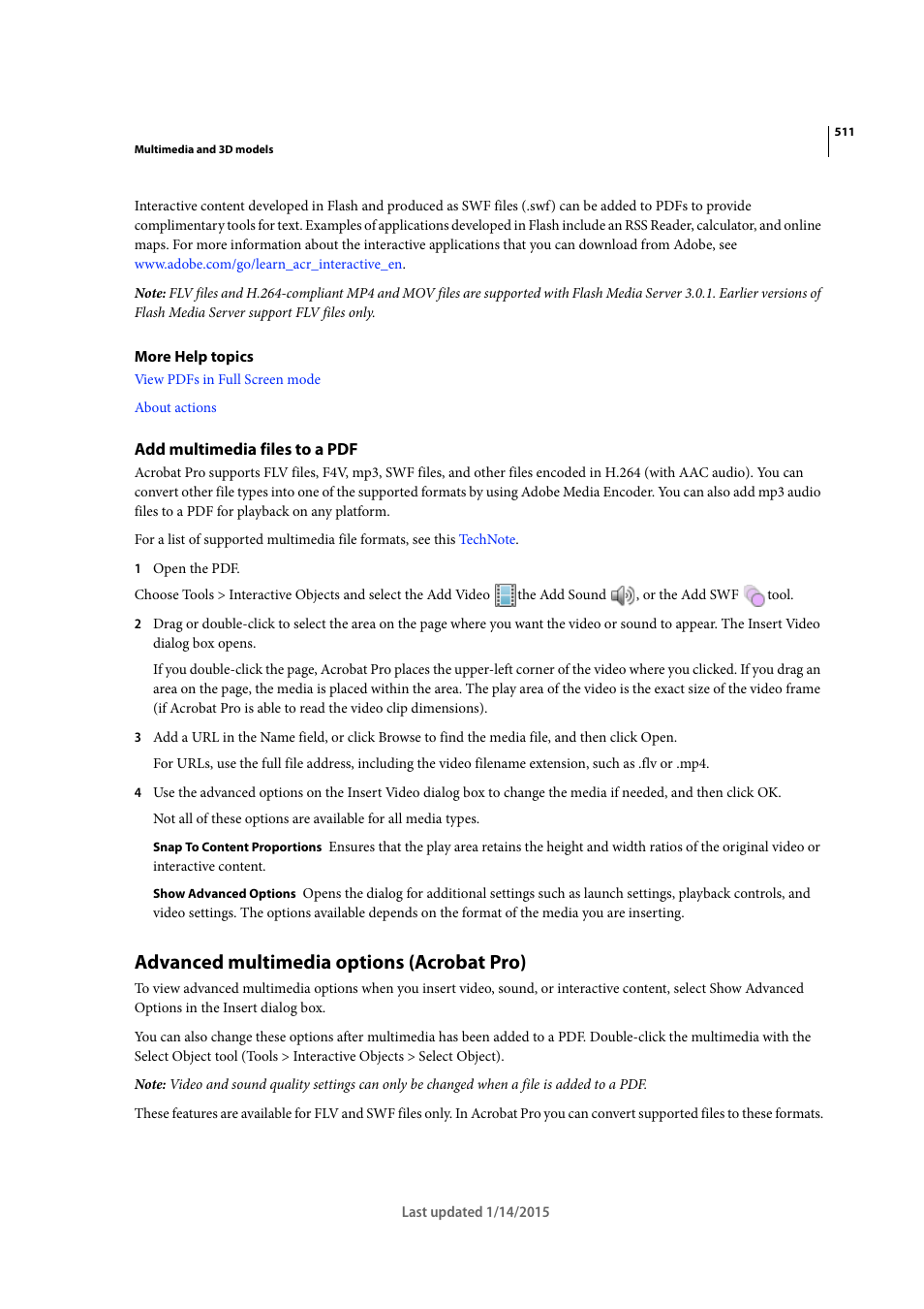 Add multimedia files to a pdf, Advanced multimedia options (acrobat pro) | Adobe Acrobat XI User Manual | Page 518 / 590