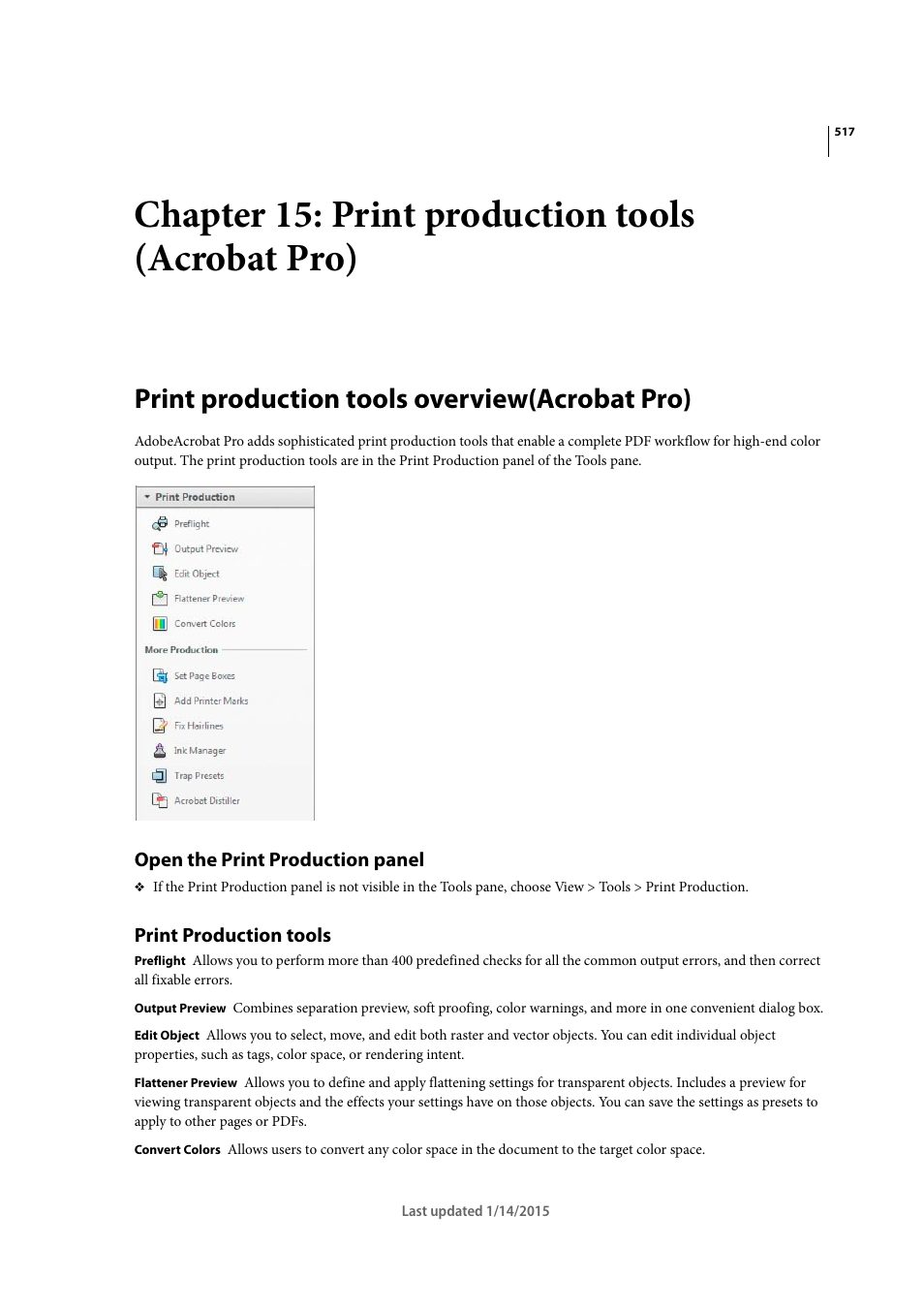 Chapter 15: print production tools (acrobat pro), Print production tools overview(acrobat pro), Open the print production panel | Print production tools | Adobe Acrobat XI User Manual | Page 524 / 590