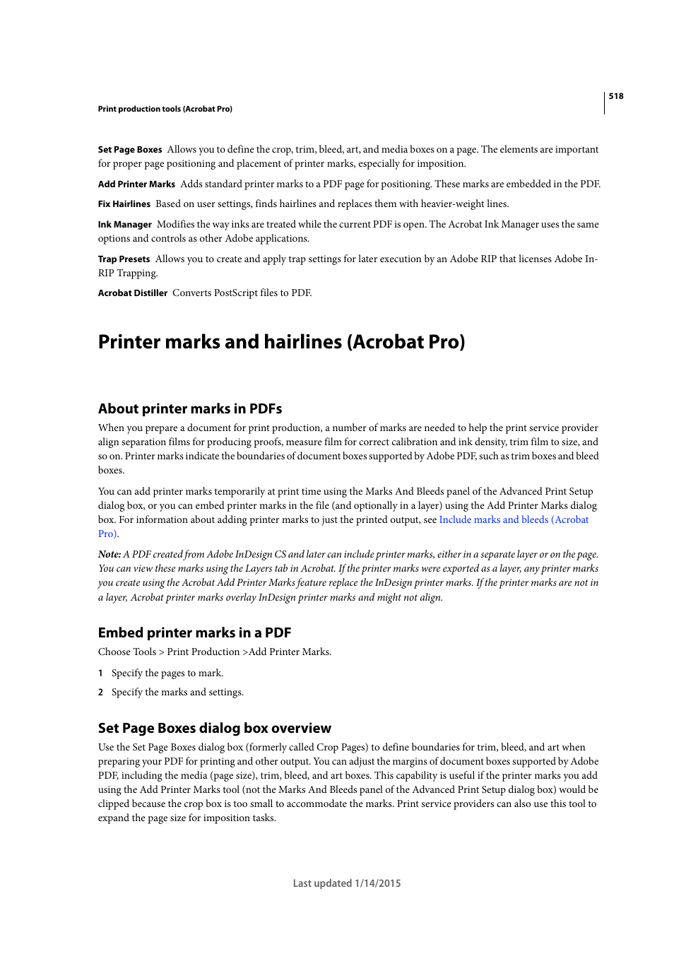 Printer marks and hairlines (acrobat pro), About printer marks in pdfs, Embed printer marks in a pdf | Set page boxes dialog box overview | Adobe Acrobat XI User Manual | Page 525 / 590