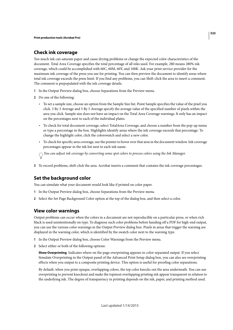 Check ink coverage, Set the background color, View color warnings | Adobe Acrobat XI User Manual | Page 530 / 590