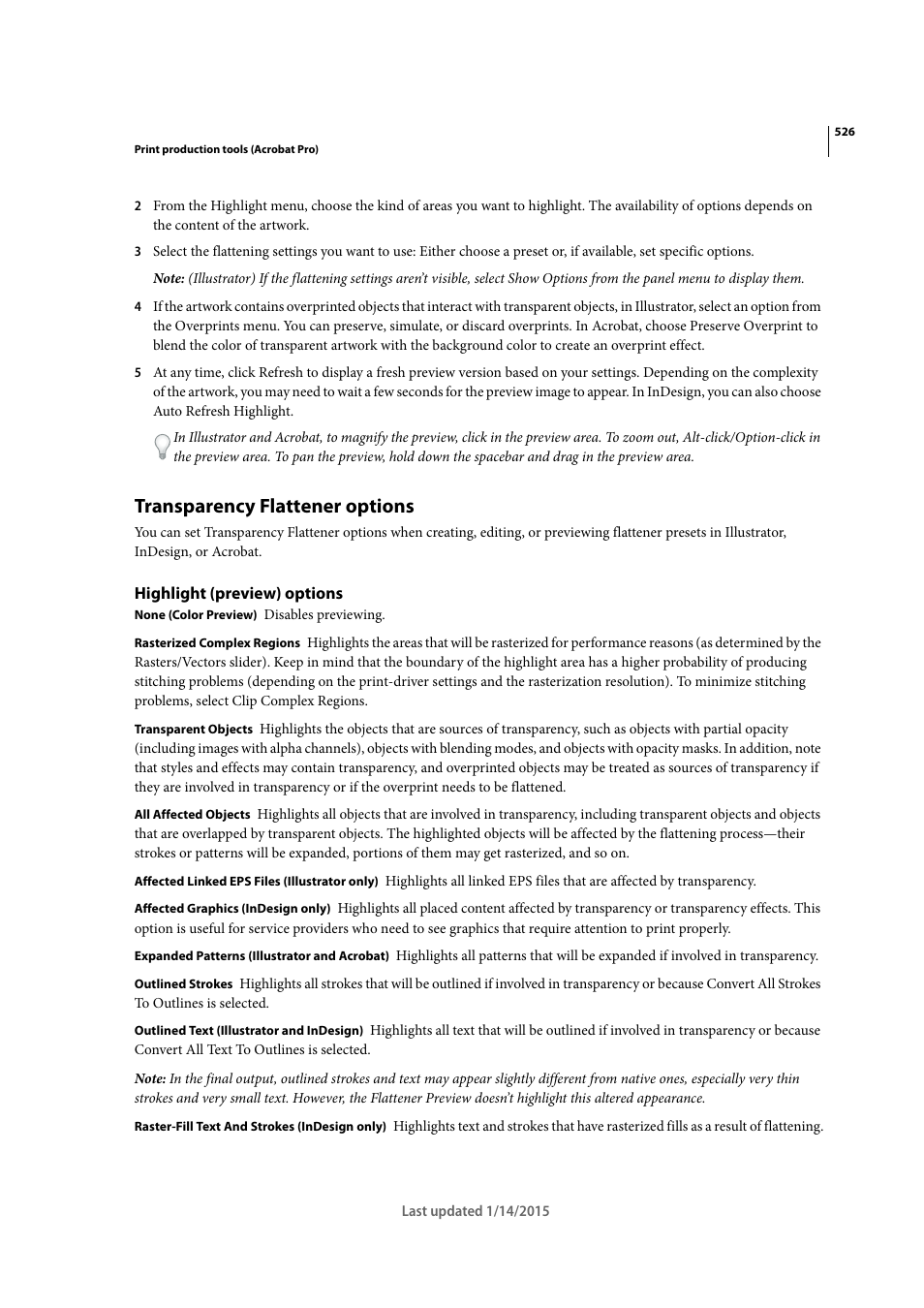 Transparency flattener options, Highlight (preview) options | Adobe Acrobat XI User Manual | Page 533 / 590