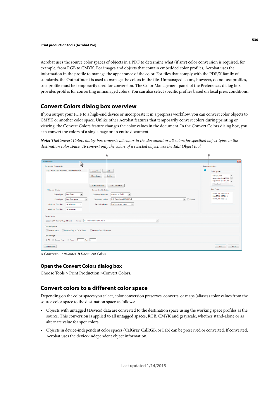 Convert colors dialog box overview, Open the convert colors dialog box, Convert colors to a different color space | Adobe Acrobat XI User Manual | Page 537 / 590