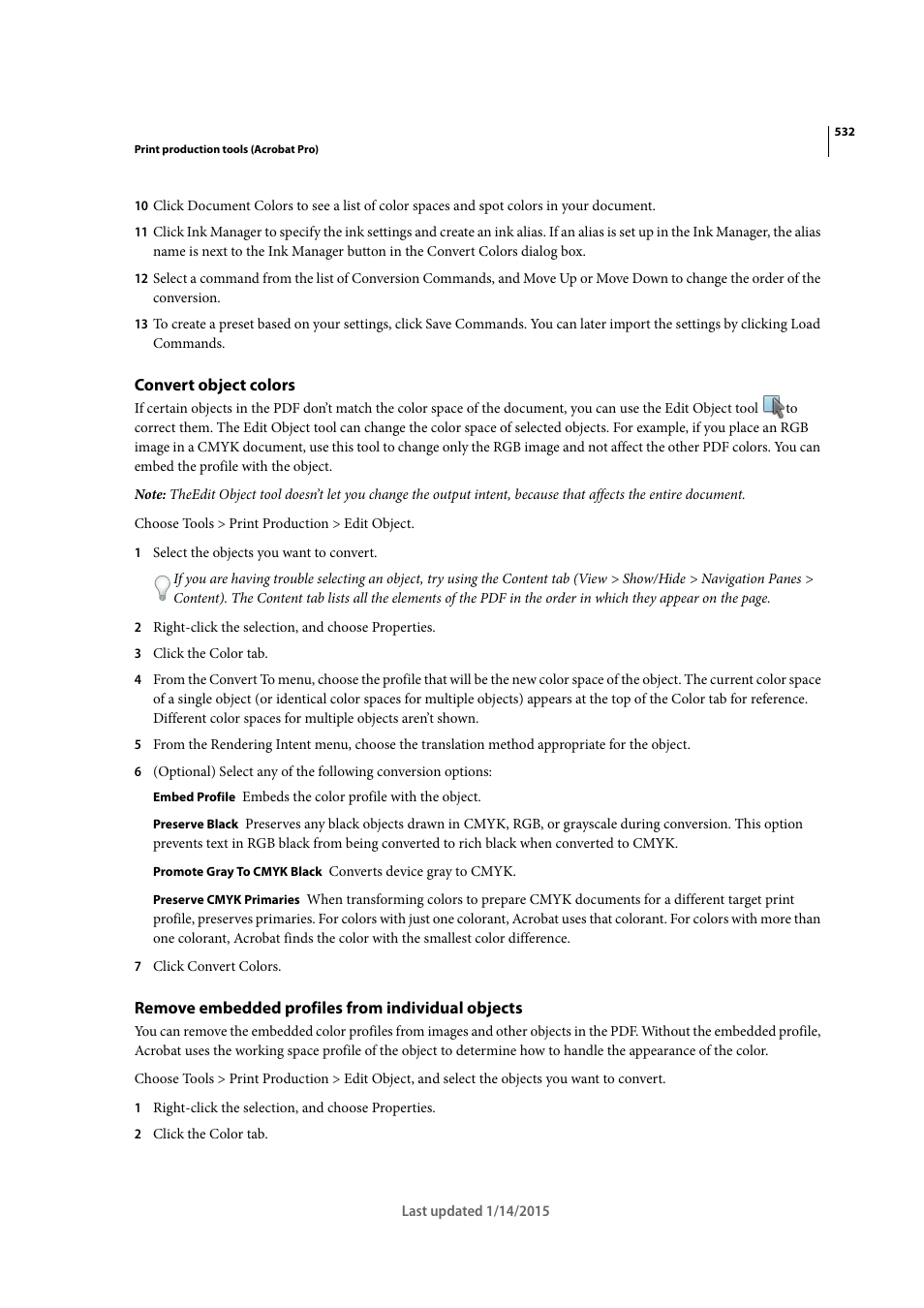 Convert object colors, Remove embedded profiles from individual objects | Adobe Acrobat XI User Manual | Page 539 / 590