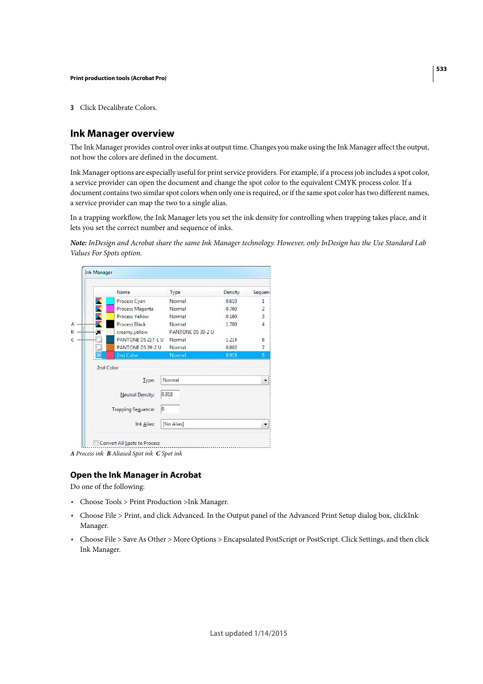 Ink manager overview, Open the ink manager in acrobat | Adobe Acrobat XI User Manual | Page 540 / 590