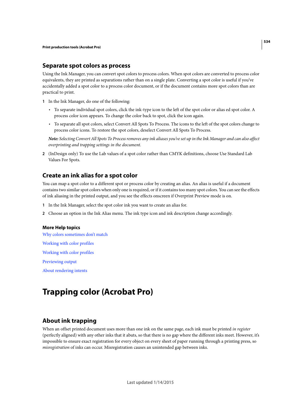 Separate spot colors as process, Create an ink alias for a spot color, Trapping color (acrobat pro) | About ink trapping | Adobe Acrobat XI User Manual | Page 541 / 590