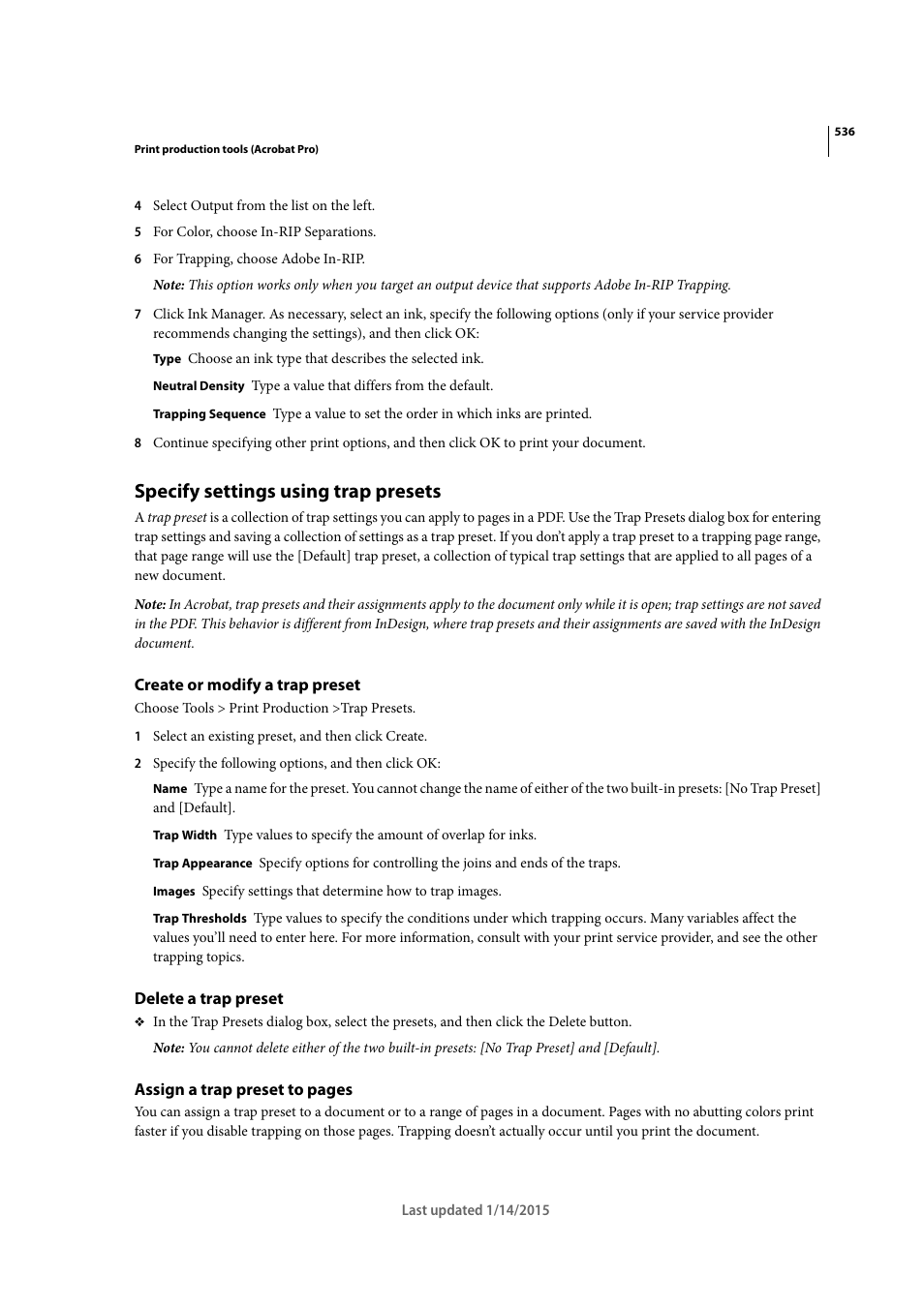 Specify settings using trap presets, Create or modify a trap preset, Delete a trap preset | Adobe Acrobat XI User Manual | Page 543 / 590