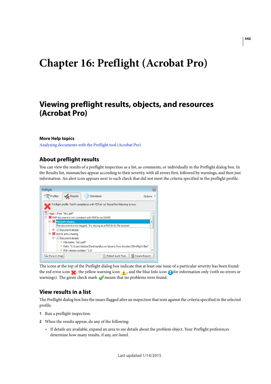 Chapter 16: preflight (acrobat pro), About preflight results, View results in a list | Adobe Acrobat XI User Manual | Page 549 / 590