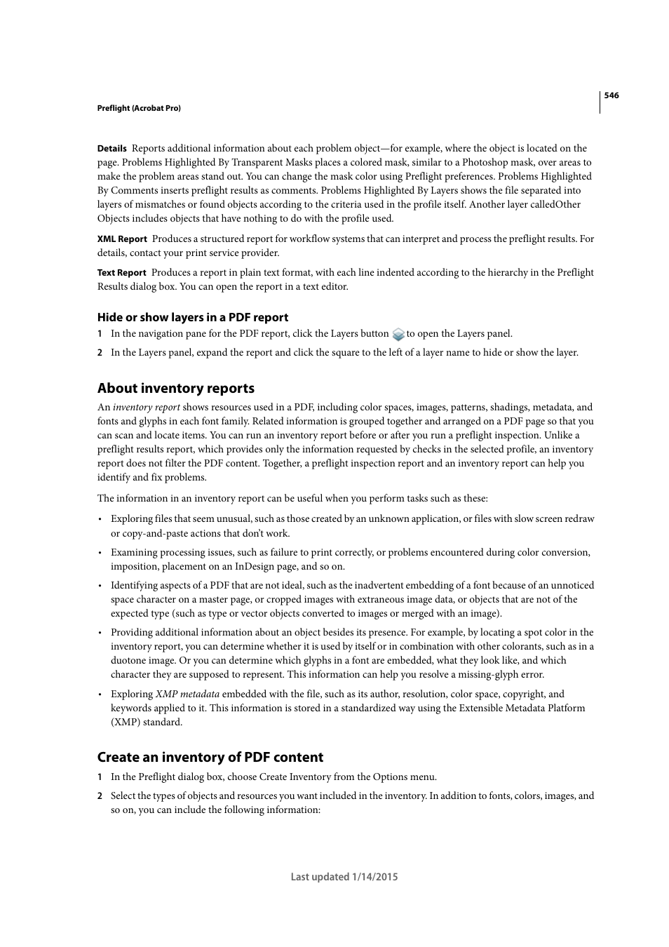 Hide or show layers in a pdf report, About inventory reports, Create an inventory of pdf content | Adobe Acrobat XI User Manual | Page 553 / 590