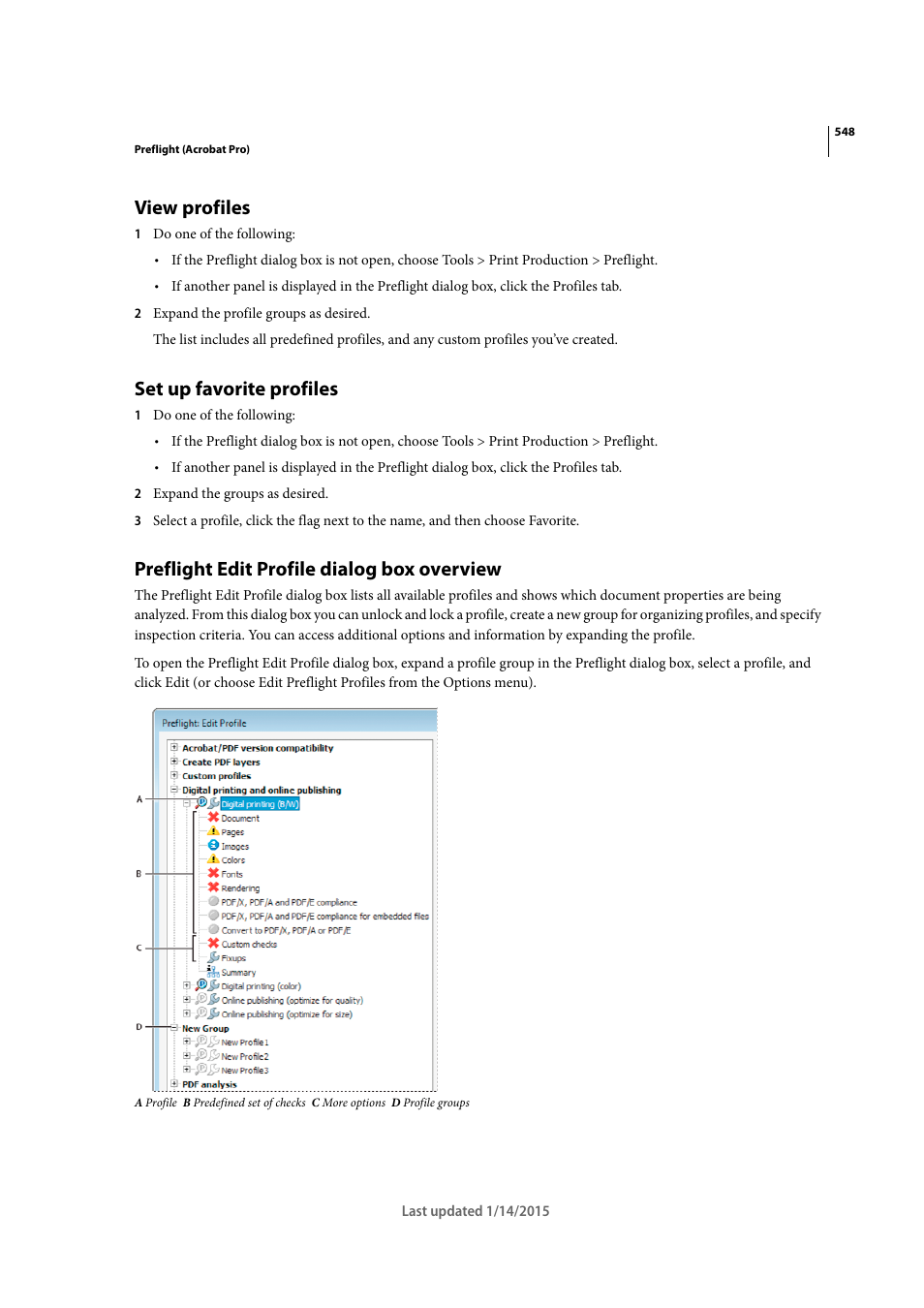 View profiles, Set up favorite profiles, Preflight edit profile dialog box overview | Adobe Acrobat XI User Manual | Page 555 / 590