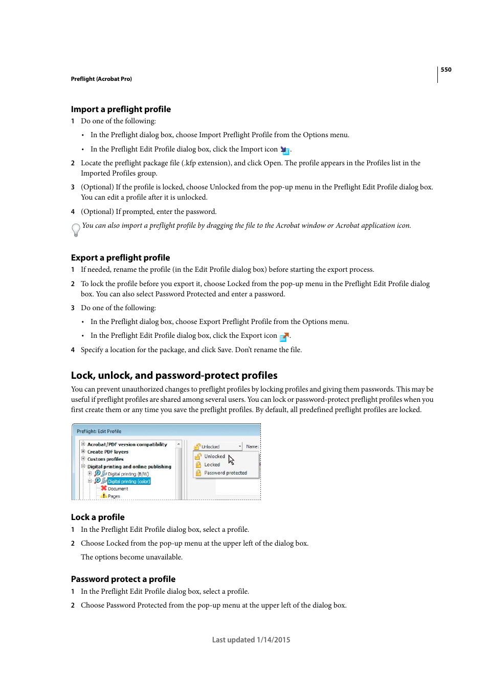 Import a preflight profile, Export a preflight profile, Lock, unlock, and password-protect profiles | Lock a profile, Password protect a profile | Adobe Acrobat XI User Manual | Page 557 / 590