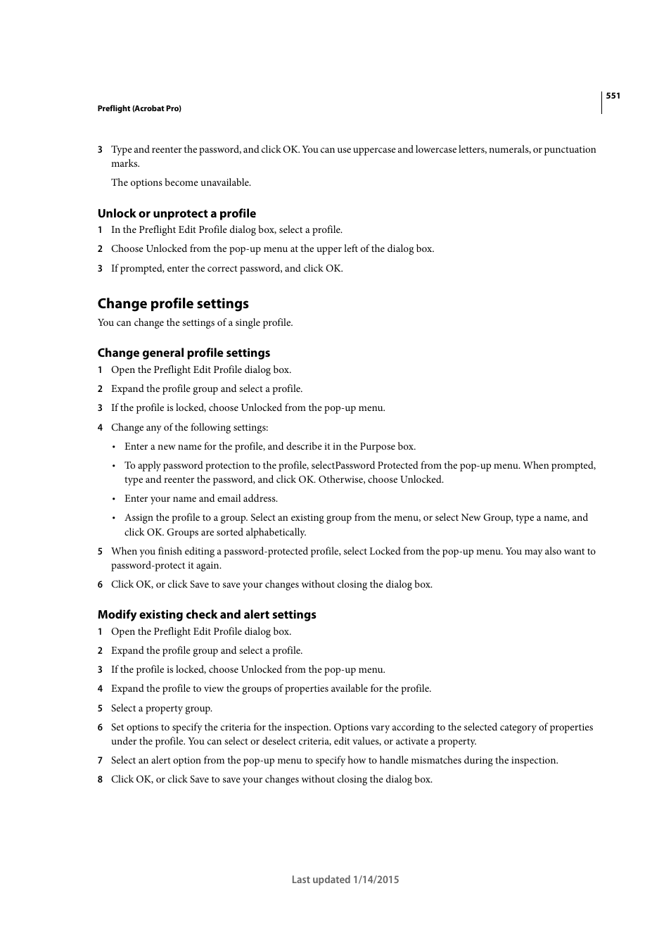 Unlock or unprotect a profile, Change profile settings, Change general profile settings | Modify existing check and alert settings | Adobe Acrobat XI User Manual | Page 558 / 590