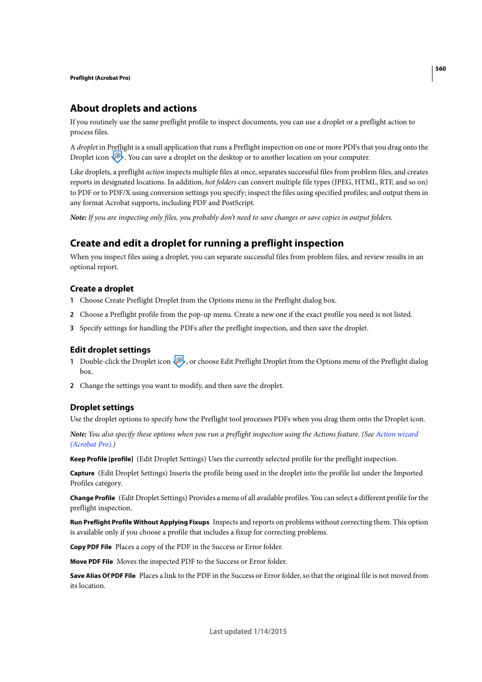 About droplets and actions, Create a droplet, Edit droplet settings | Droplet settings | Adobe Acrobat XI User Manual | Page 567 / 590