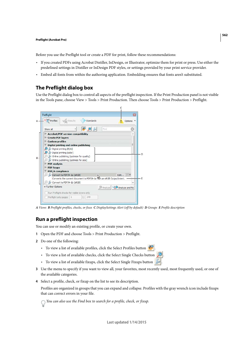 The preflight dialog box, Run a preflight inspection | Adobe Acrobat XI User Manual | Page 569 / 590