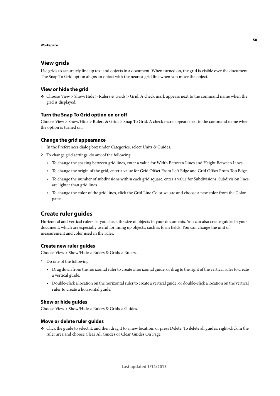 View grids, View or hide the grid, Turn the snap to grid option on or off | Change the grid appearance, Create ruler guides, Create new ruler guides, Show or hide guides, Move or delete ruler guides | Adobe Acrobat XI User Manual | Page 57 / 590