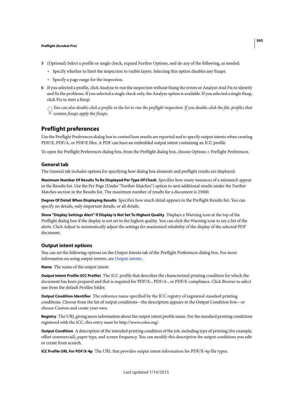Preflight preferences, General tab, Output intent options | Adobe Acrobat XI User Manual | Page 570 / 590