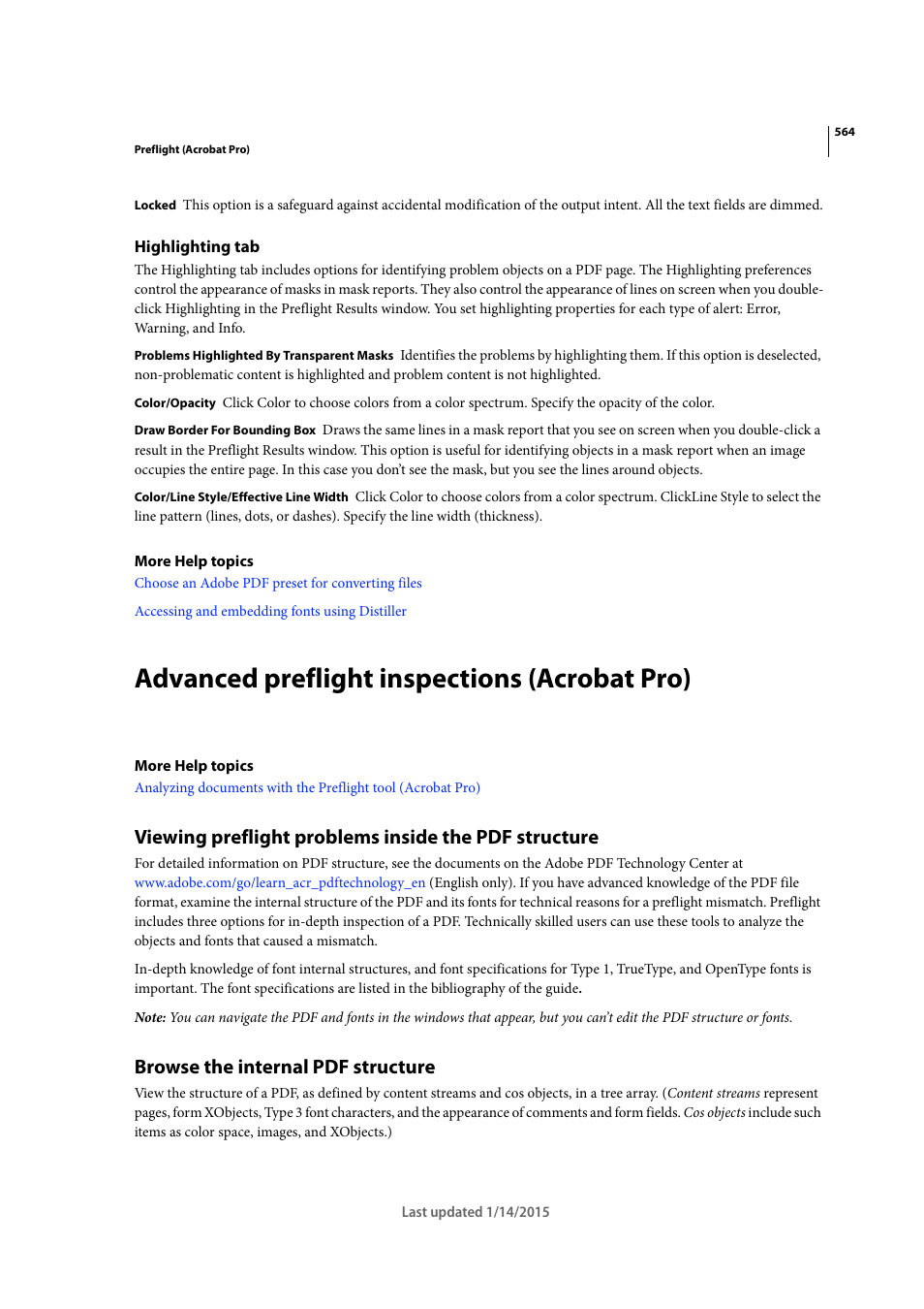 Highlighting tab, Advanced preflight inspections (acrobat pro), Browse the internal pdf structure | Adobe Acrobat XI User Manual | Page 571 / 590