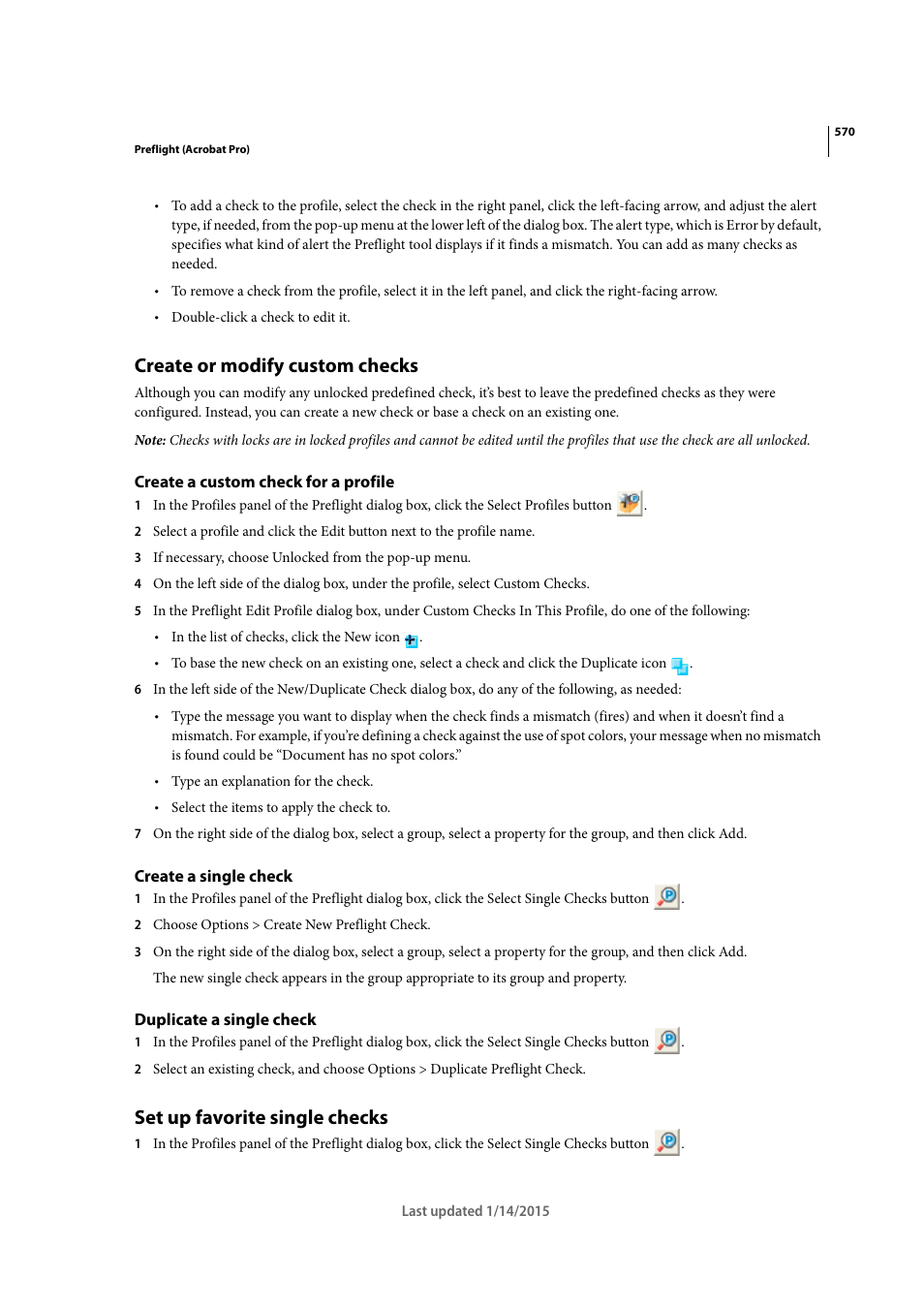 Create or modify custom checks, Create a custom check for a profile, Create a single check | Duplicate a single check, Set up favorite single checks | Adobe Acrobat XI User Manual | Page 577 / 590