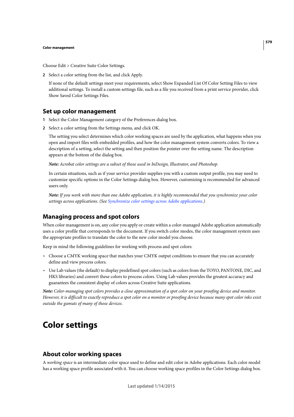 Set up color management, Managing process and spot colors, Color settings | About color working spaces | Adobe Acrobat XI User Manual | Page 586 / 590