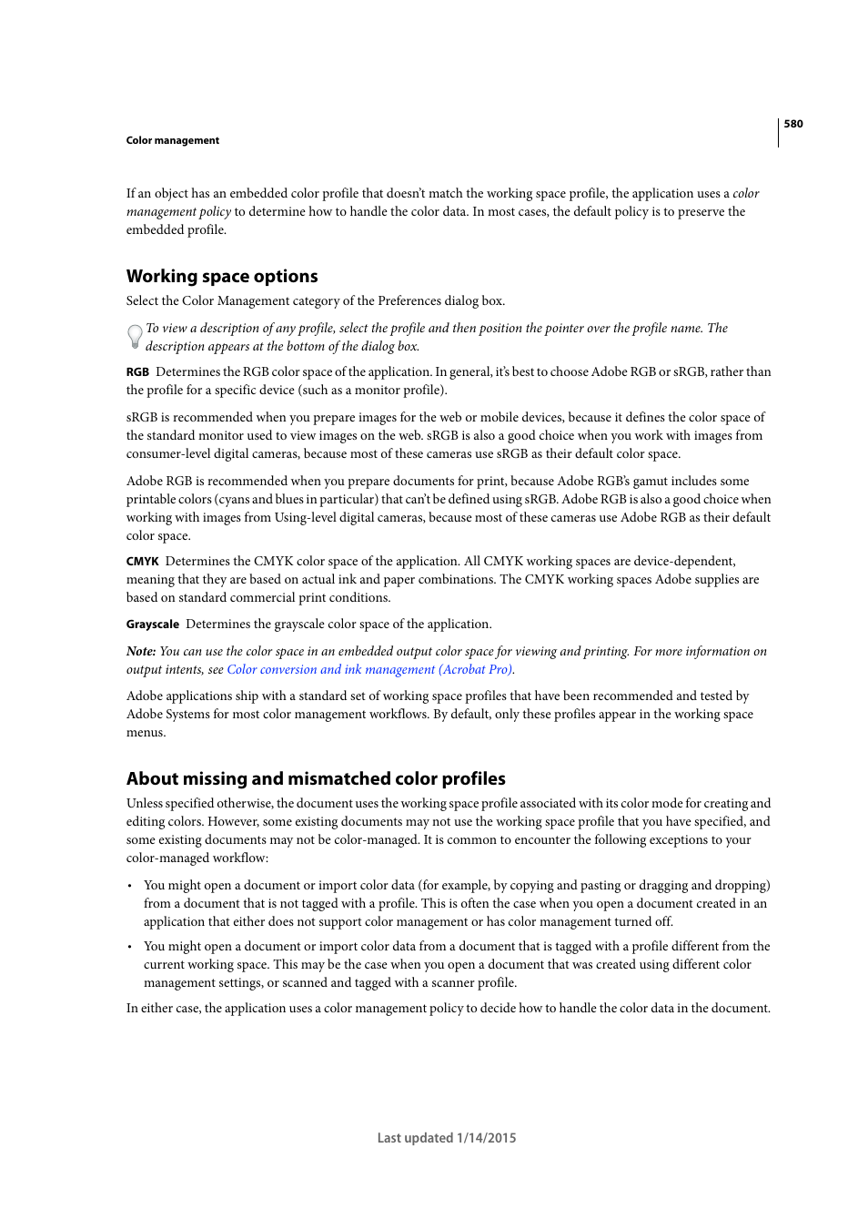 Working space options, About missing and mismatched color profiles | Adobe Acrobat XI User Manual | Page 587 / 590