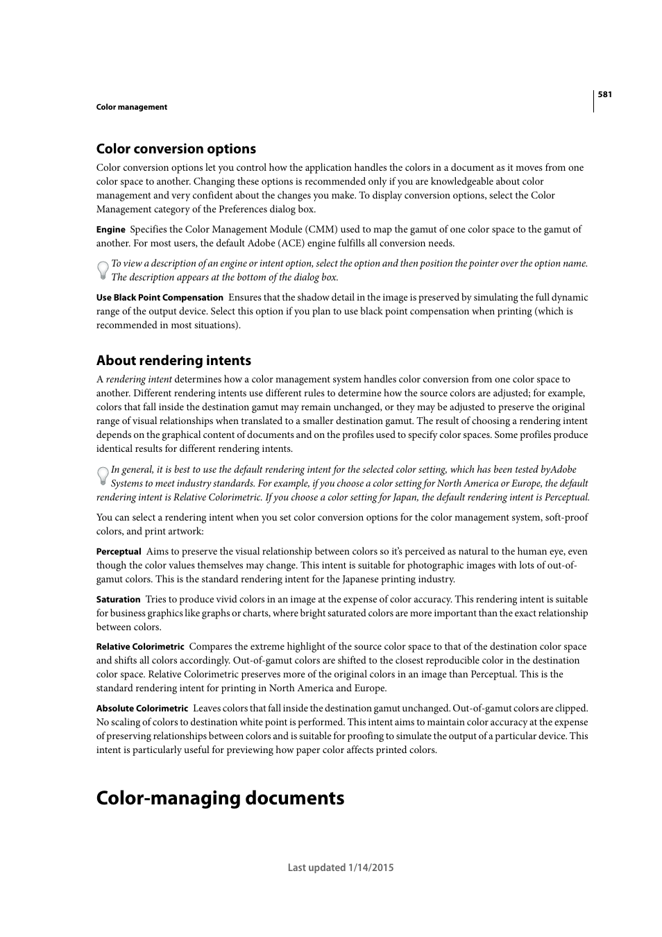 Color conversion options, About rendering intents, Color-managing documents | Adobe Acrobat XI User Manual | Page 588 / 590