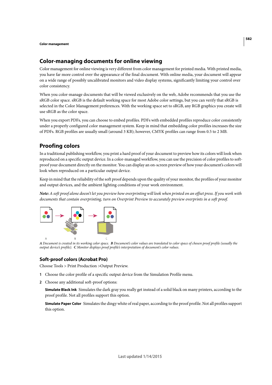 Color-managing documents for online viewing, Proofing colors, Soft-proof colors (acrobat pro) | Adobe Acrobat XI User Manual | Page 589 / 590