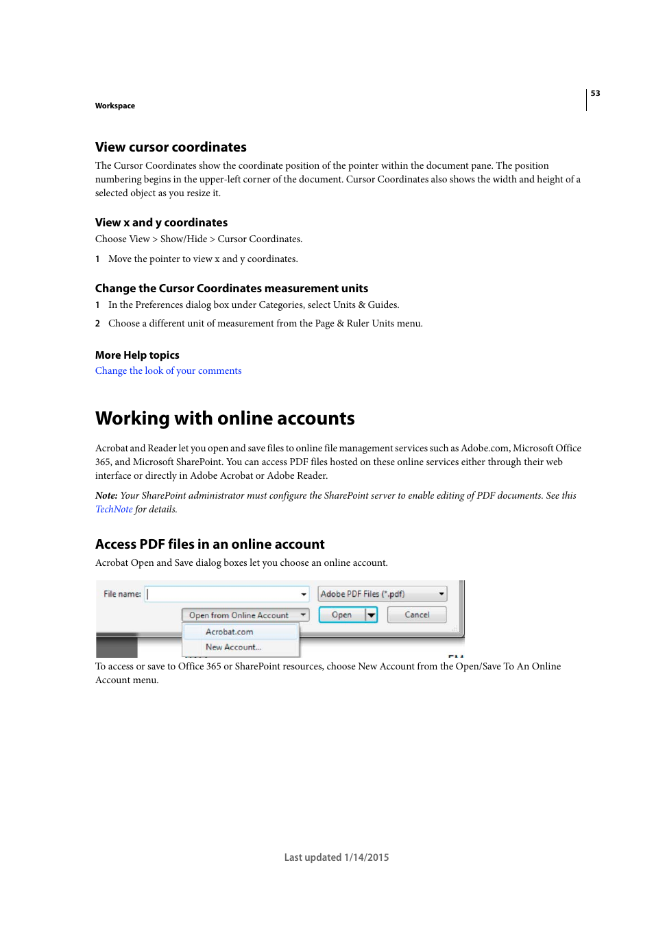 View cursor coordinates, View x and y coordinates, Change the cursor coordinates measurement units | Working with online accounts, Access pdf files in an online account | Adobe Acrobat XI User Manual | Page 60 / 590