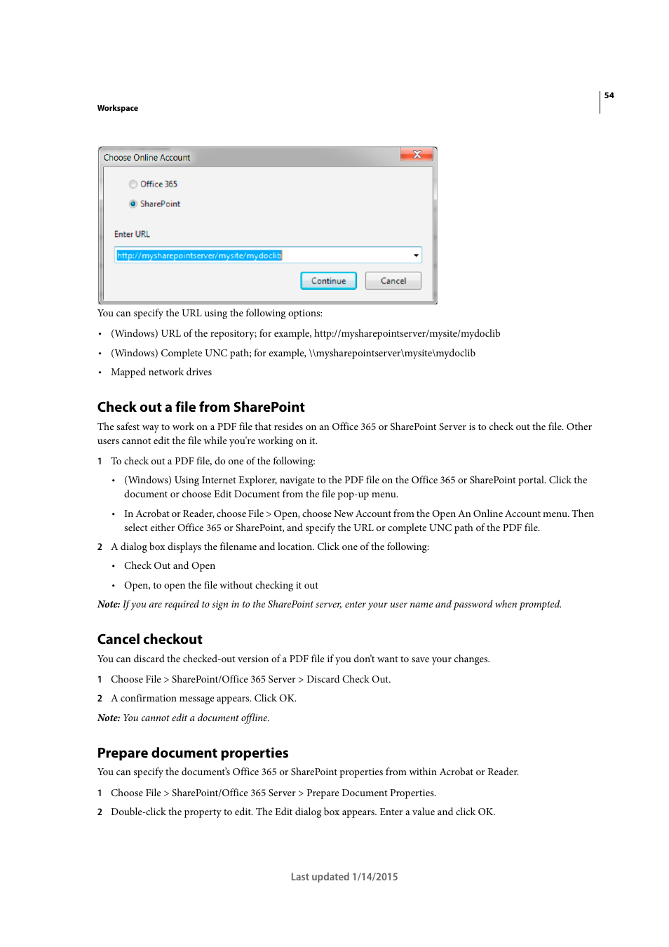 Check out a file from sharepoint, Cancel checkout, Prepare document properties | Adobe Acrobat XI User Manual | Page 61 / 590