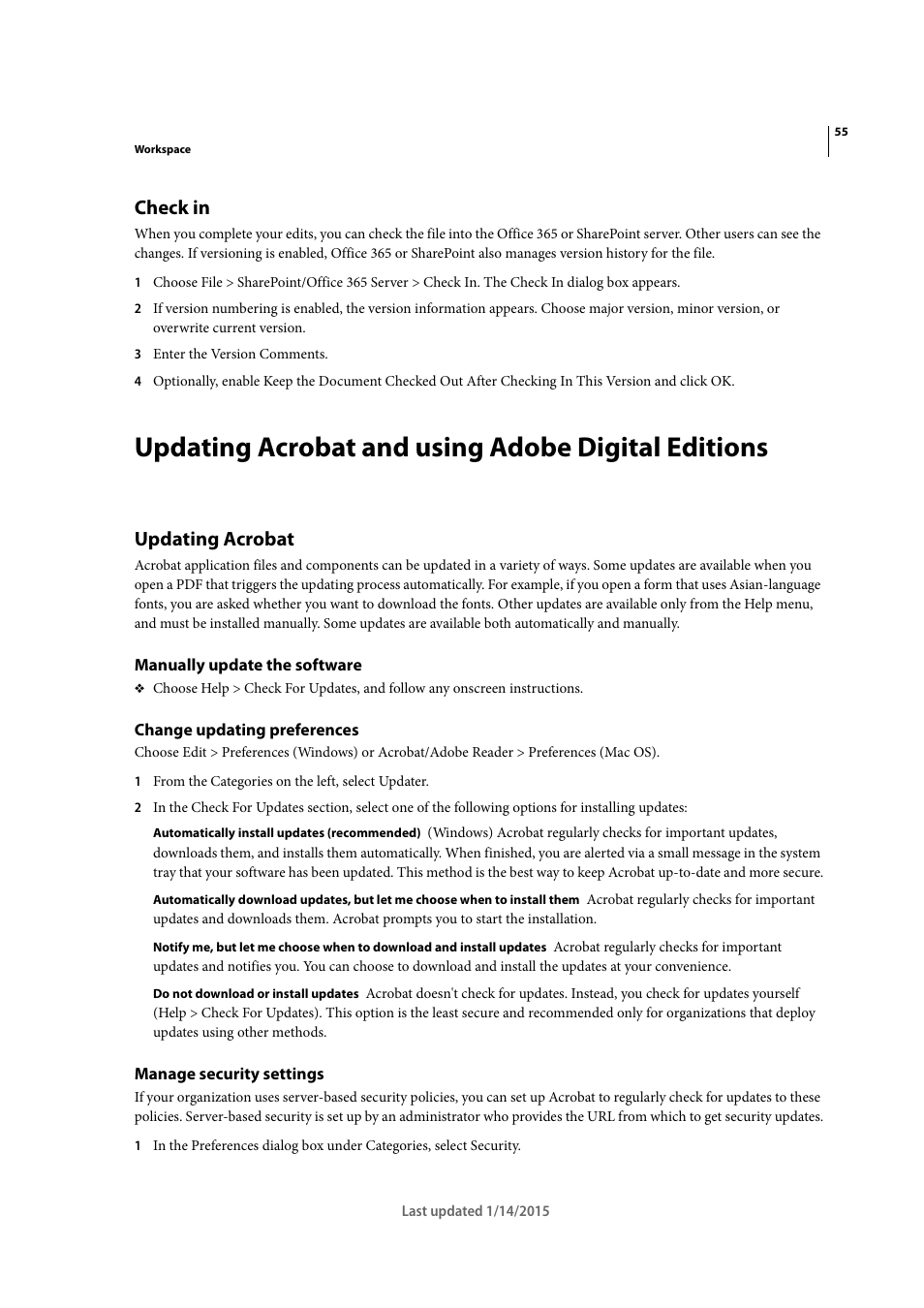 Check in, Updating acrobat and using adobe digital editions, Updating acrobat | Manually update the software, Change updating preferences, Manage security settings | Adobe Acrobat XI User Manual | Page 62 / 590