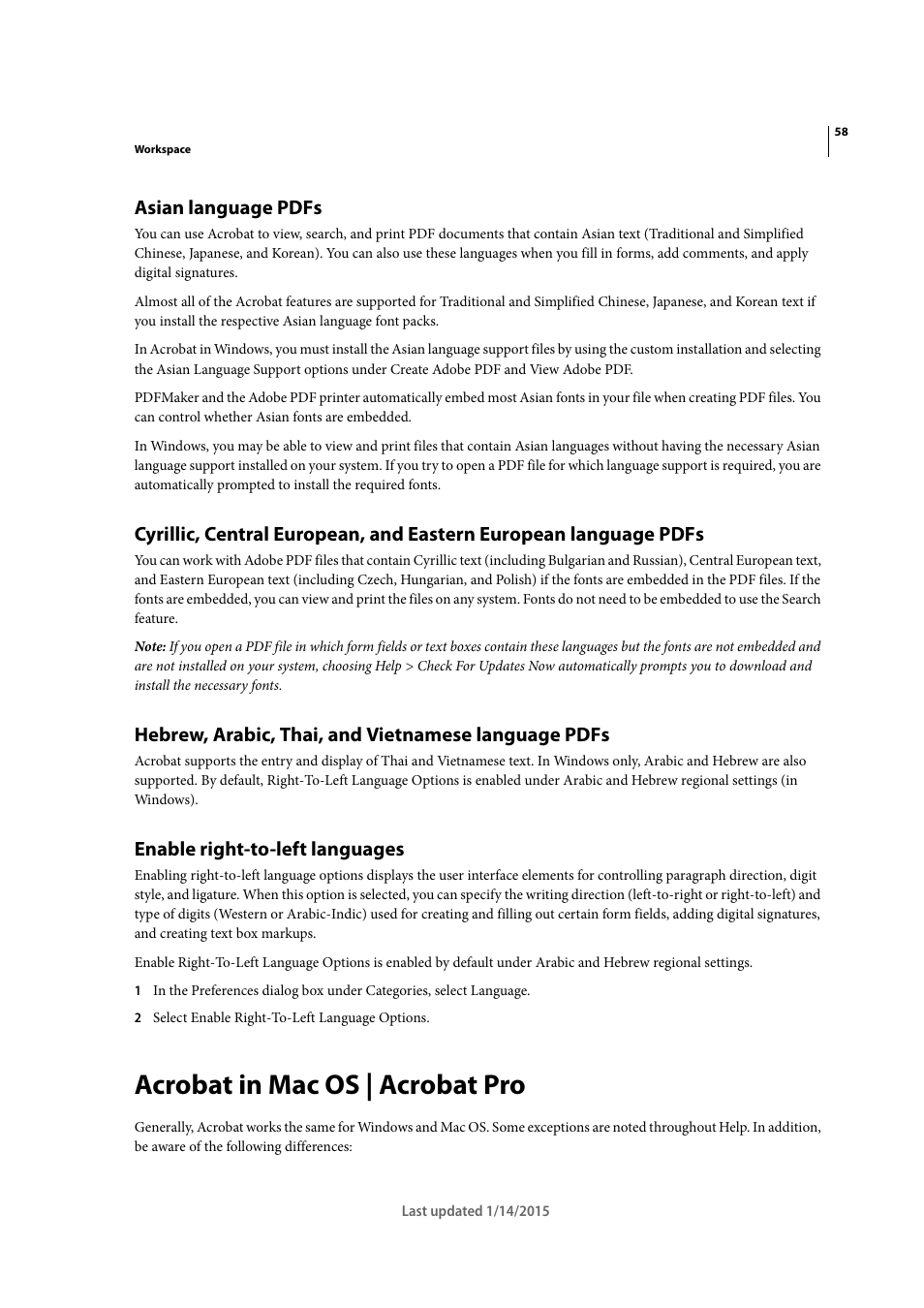 Asian language pdfs, Hebrew, arabic, thai, and vietnamese language pdfs, Enable right-to-left languages | Acrobat in mac os | acrobat pro | Adobe Acrobat XI User Manual | Page 65 / 590