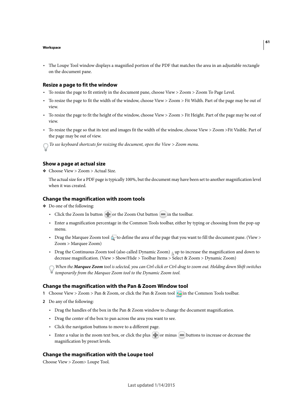 Change the magnification with zoom tools, Change the magnification with the loupe tool | Adobe Acrobat XI User Manual | Page 68 / 590