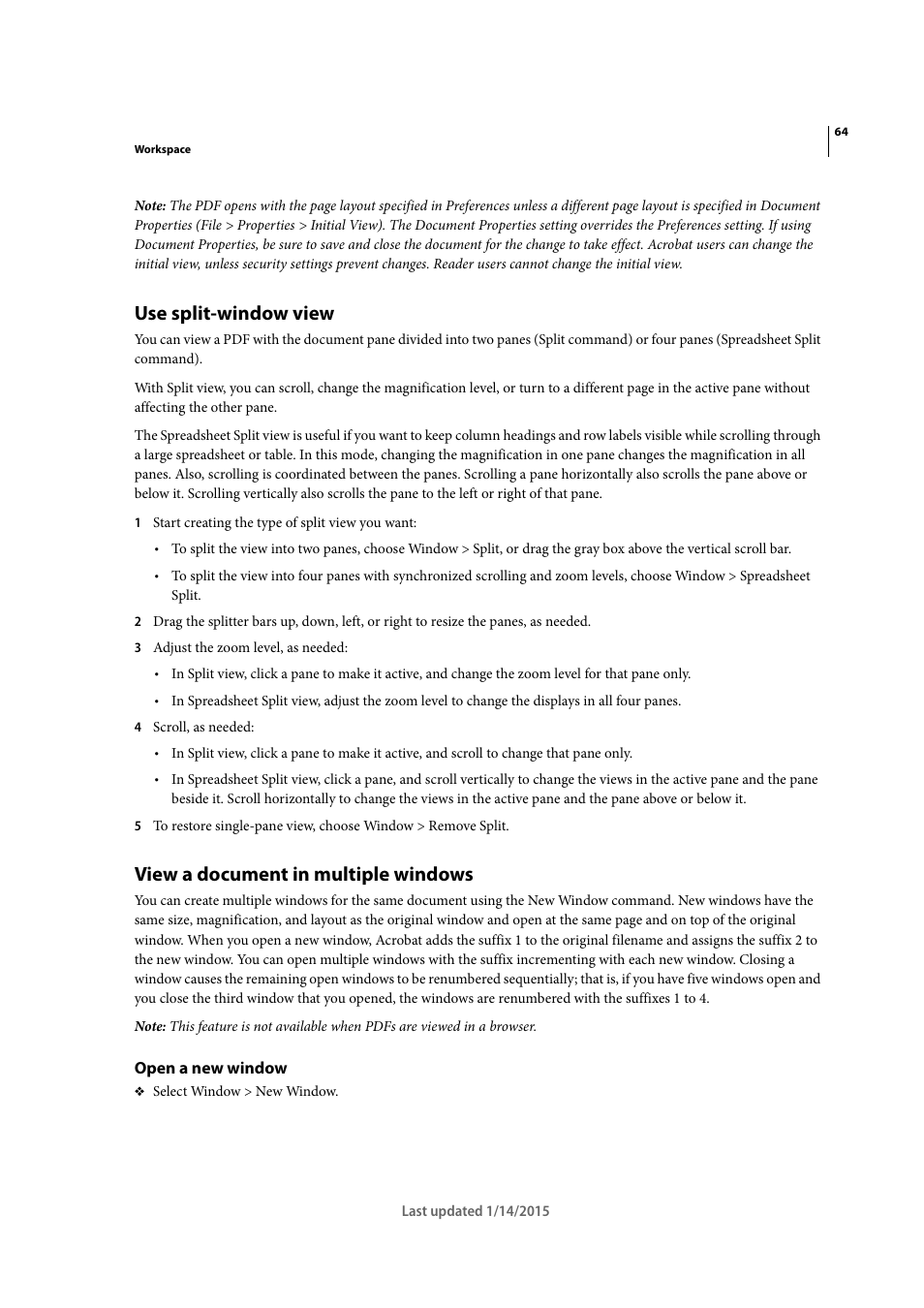 Use split-window view, View a document in multiple windows, Open a new window | Adobe Acrobat XI User Manual | Page 71 / 590