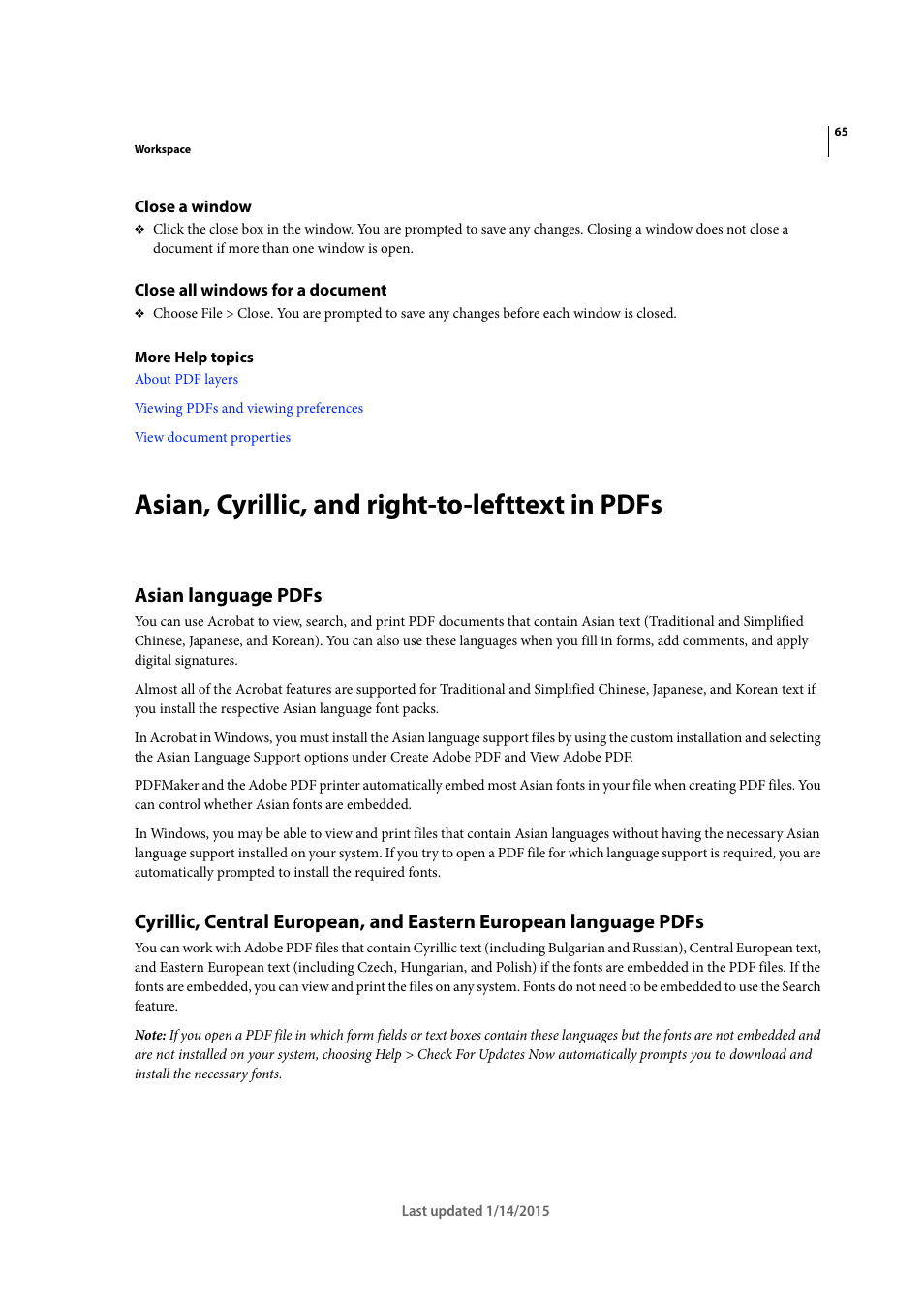 Close a window, Close all windows for a document, Asian, cyrillic, and right-to-lefttext in pdfs | Asian language pdfs | Adobe Acrobat XI User Manual | Page 72 / 590