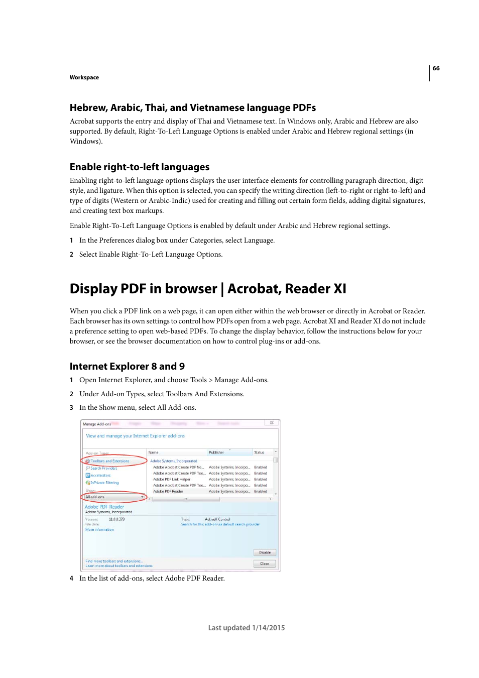 Hebrew, arabic, thai, and vietnamese language pdfs, Enable right-to-left languages, Display pdf in browser | acrobat, reader xi | Internet explorer 8 and 9 | Adobe Acrobat XI User Manual | Page 73 / 590