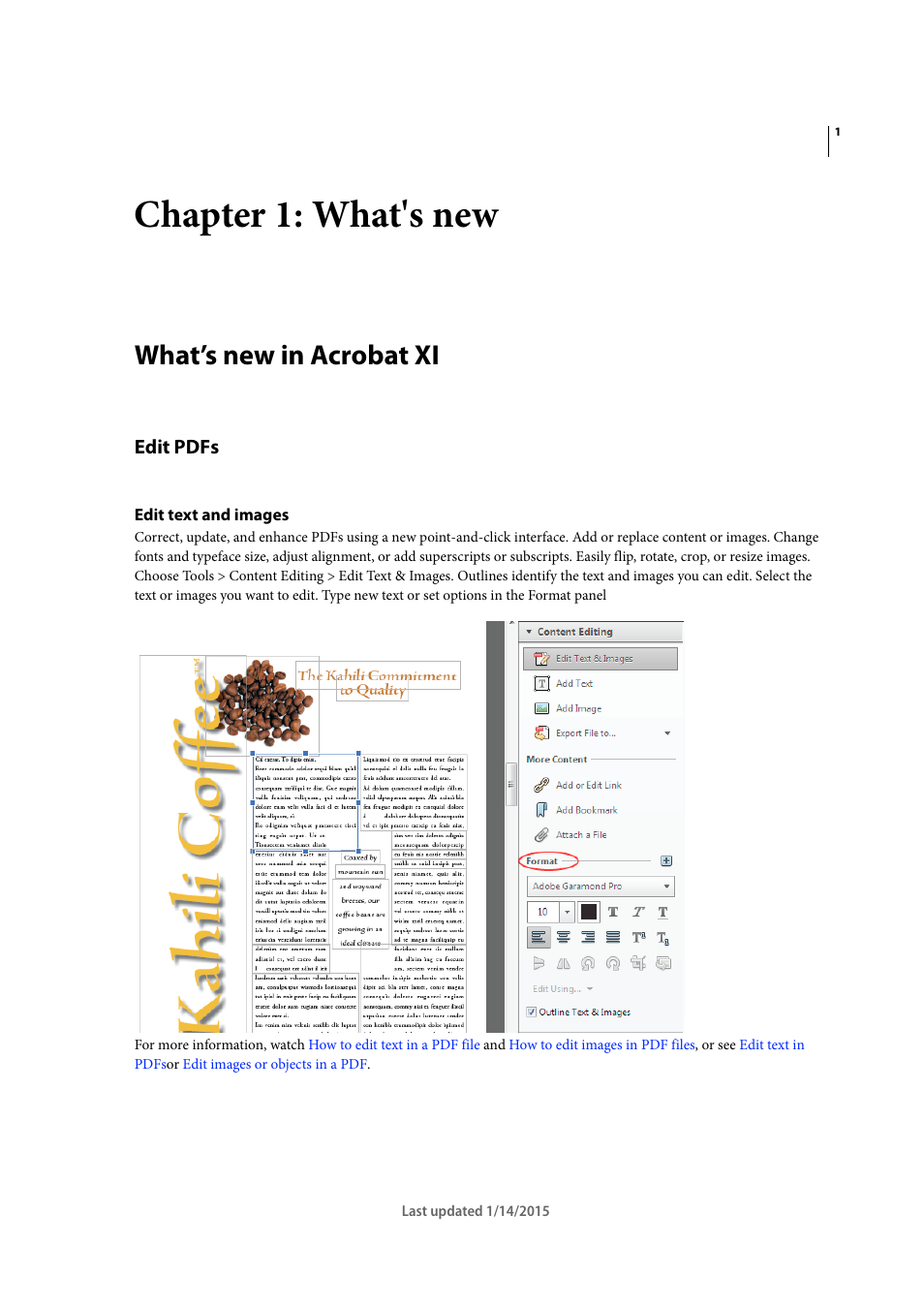 Chapter 1: what's new, What’s new in acrobat xi, Edit pdfs | Edit text and images | Adobe Acrobat XI User Manual | Page 8 / 590