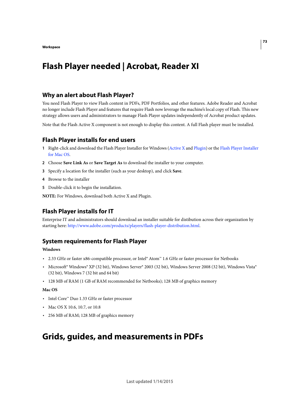 Flash player needed | acrobat, reader xi, Why an alert about flash player, Flash player installs for end users | Flash player installs for it, System requirements for flash player, Grids, guides, and measurements in pdfs | Adobe Acrobat XI User Manual | Page 80 / 590