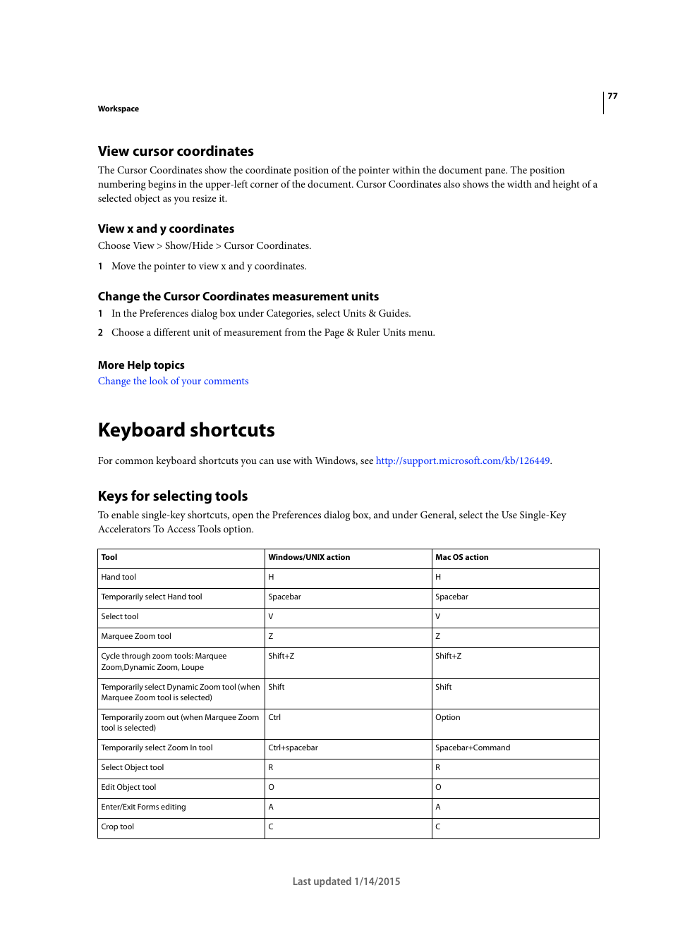 View cursor coordinates, View x and y coordinates, Change the cursor coordinates measurement units | Keyboard shortcuts, Keys for selecting tools | Adobe Acrobat XI User Manual | Page 84 / 590