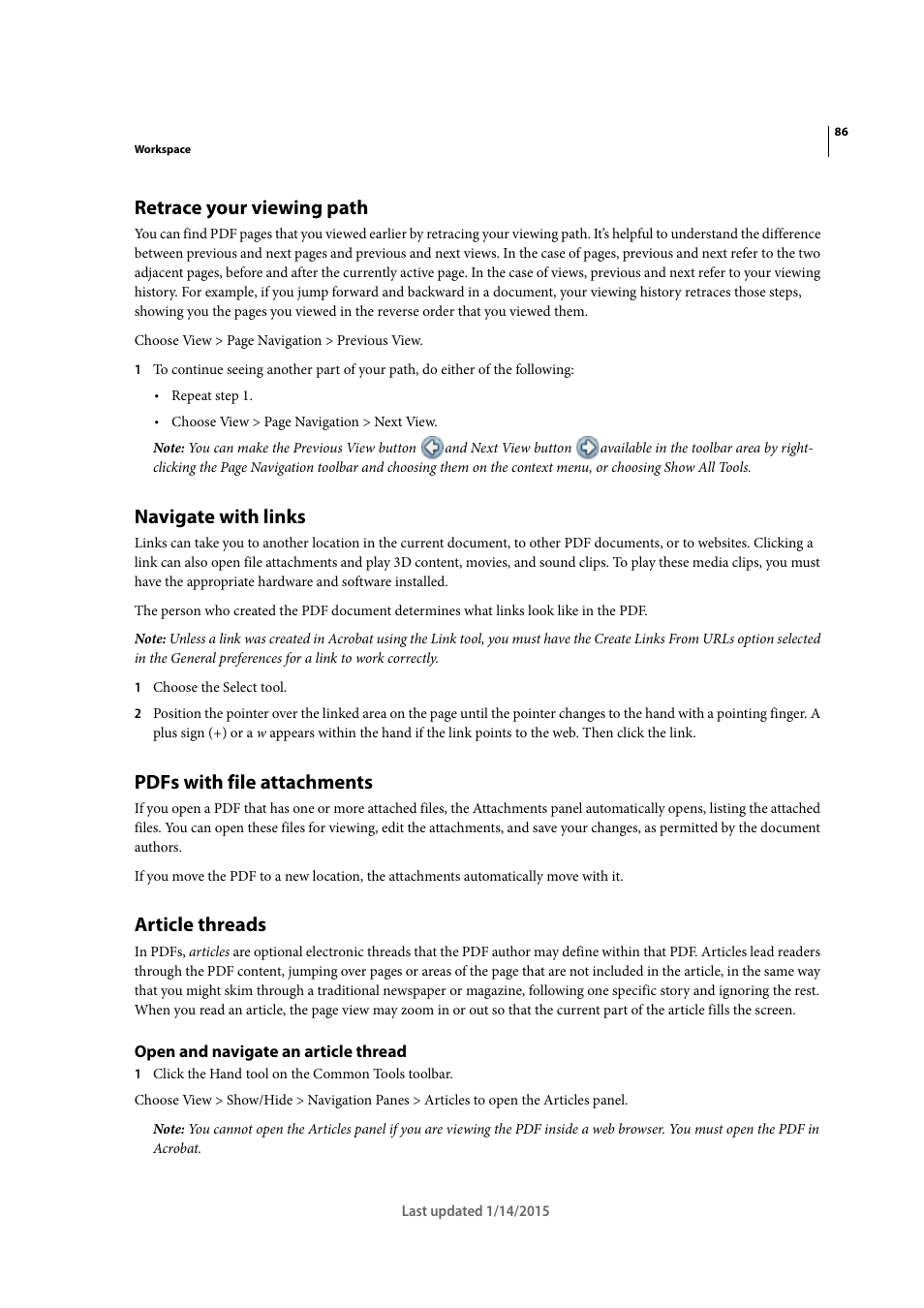 Retrace your viewing path, Navigate with links, Pdfs with file attachments | Article threads, Open and navigate an article thread | Adobe Acrobat XI User Manual | Page 93 / 590